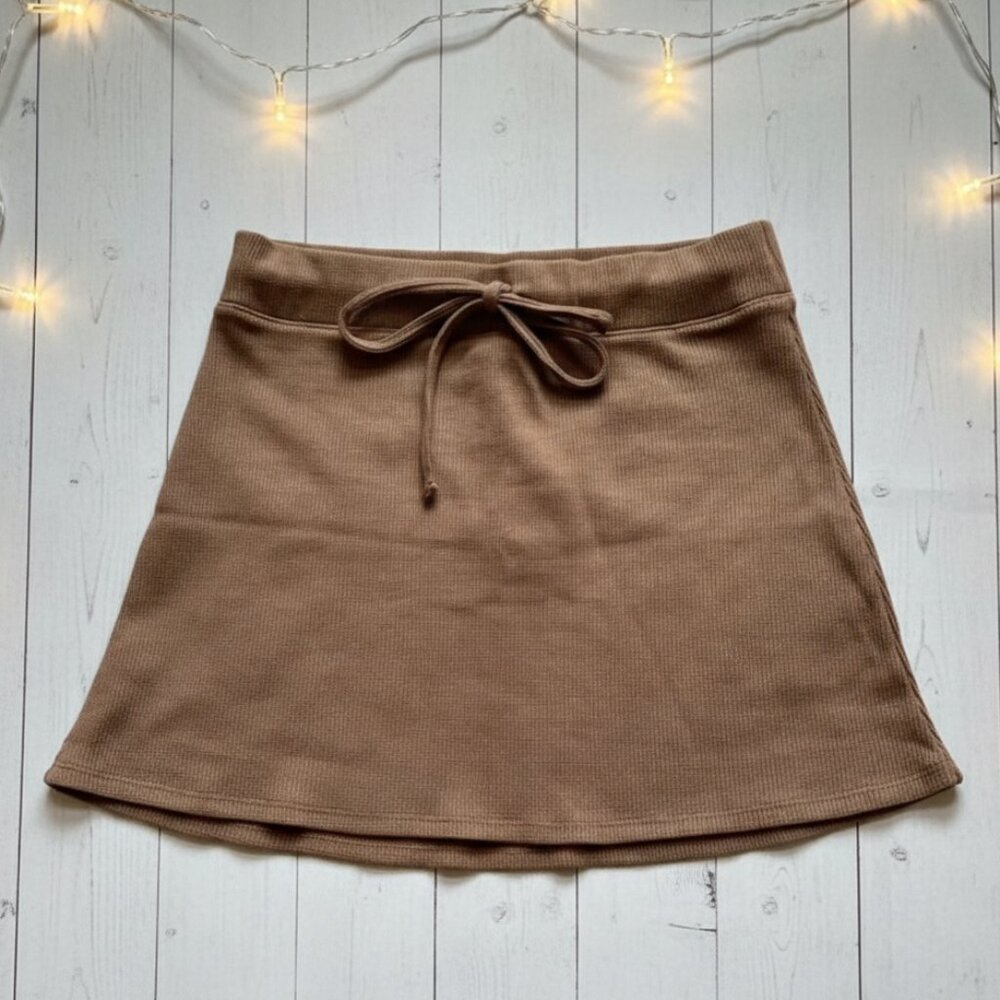 Hollister Brown Waffle Knit Mini Skirt Size XS Tan Thermal Drawstring